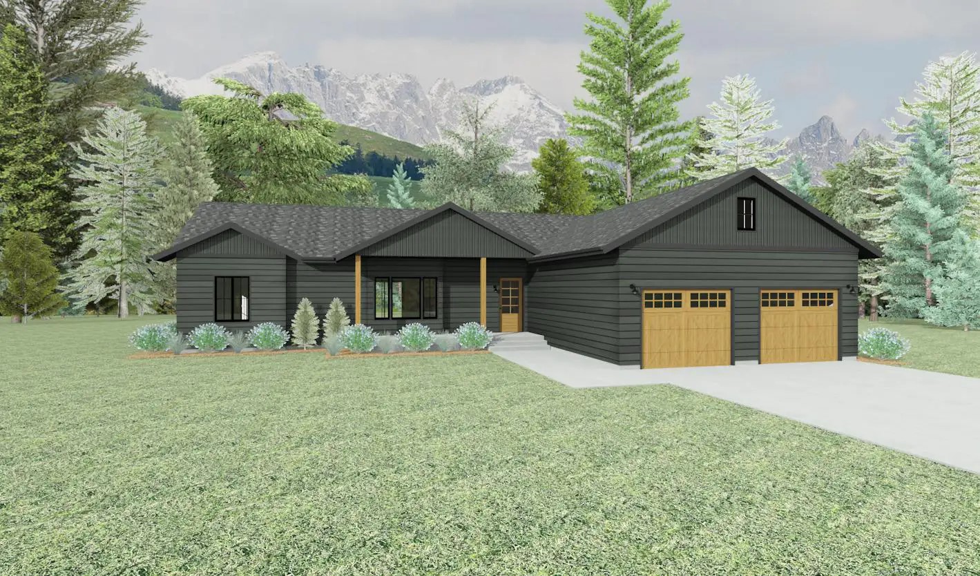 Claremont home with dark siding and wood garage doors